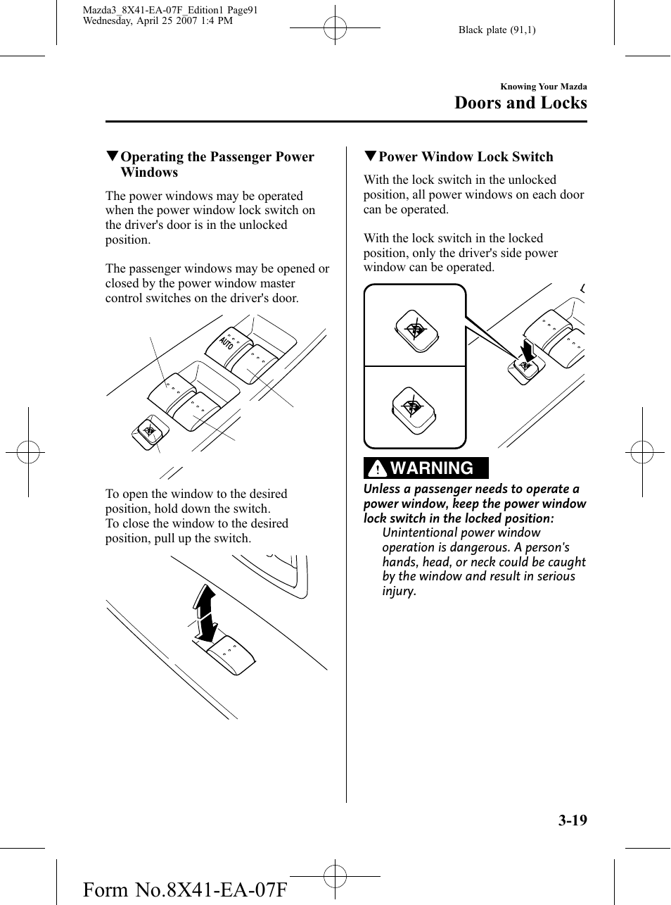 Doors and locks, Warning | Mazda 2008 3 4-DOOR User Manual | Page 91 / 452
