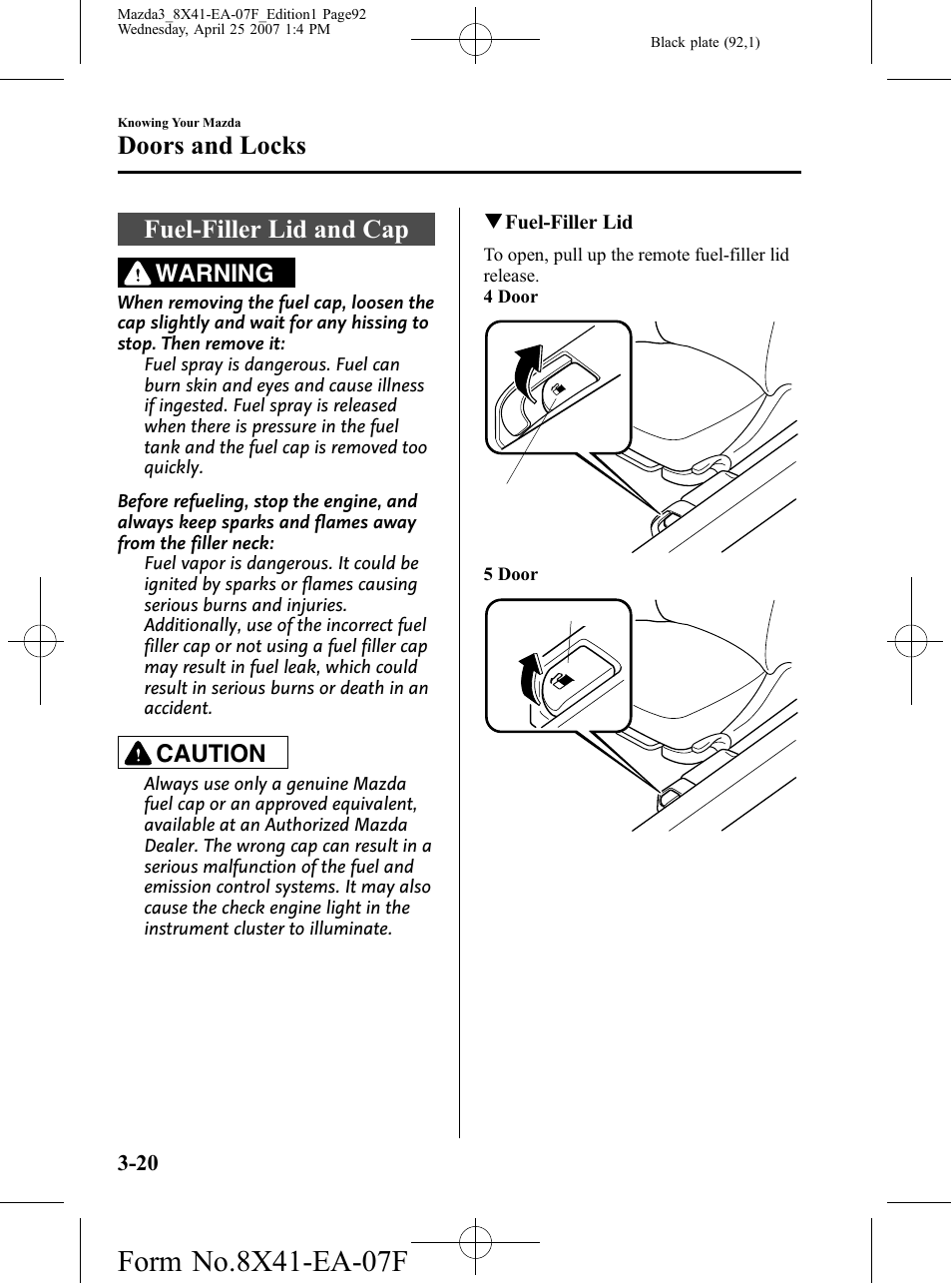 Fuel-filler lid and cap, Fuel-filler lid and cap -20, Doors and locks | Warning, Caution | Mazda 2008 3 4-DOOR User Manual | Page 92 / 452