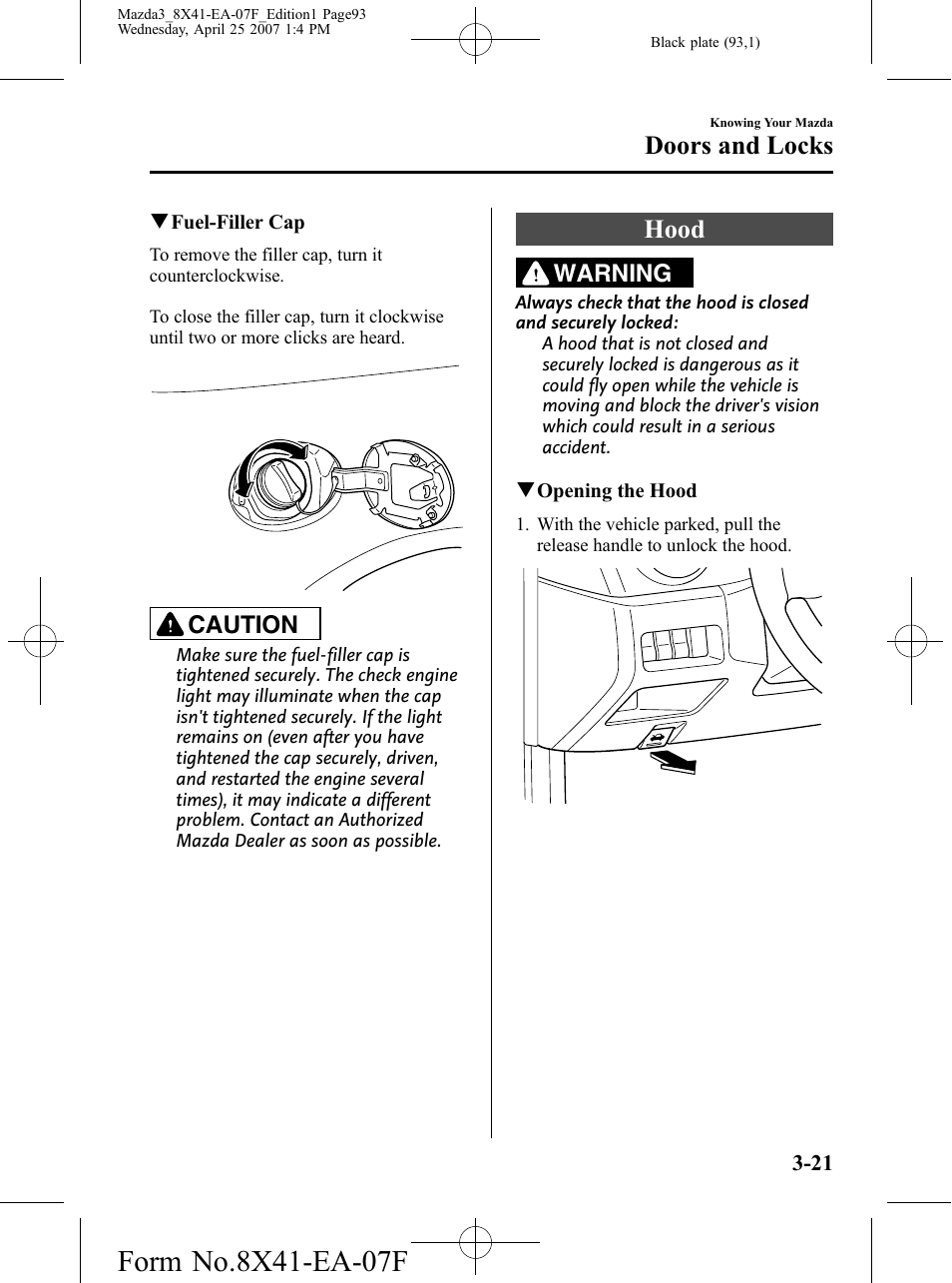 Hood, Hood -21, Doors and locks | Caution, Warning | Mazda 2008 3 4-DOOR User Manual | Page 93 / 452