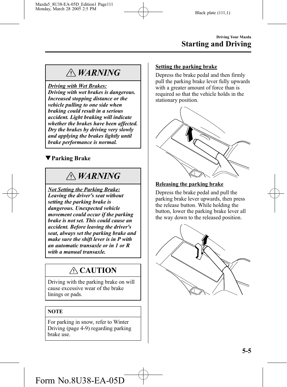 Warning, Caution, Starting and driving | Mazda 2006 5 User Manual | Page 111 / 388