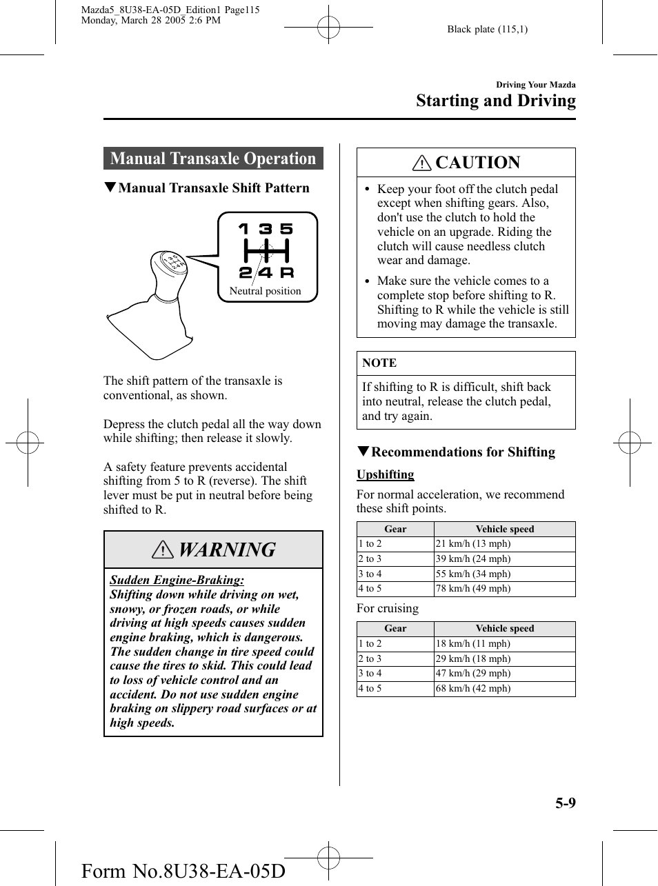Manual transaxle operation, Manual transaxle operation -9, Warning | Caution, Starting and driving | Mazda 2006 5 User Manual | Page 115 / 388