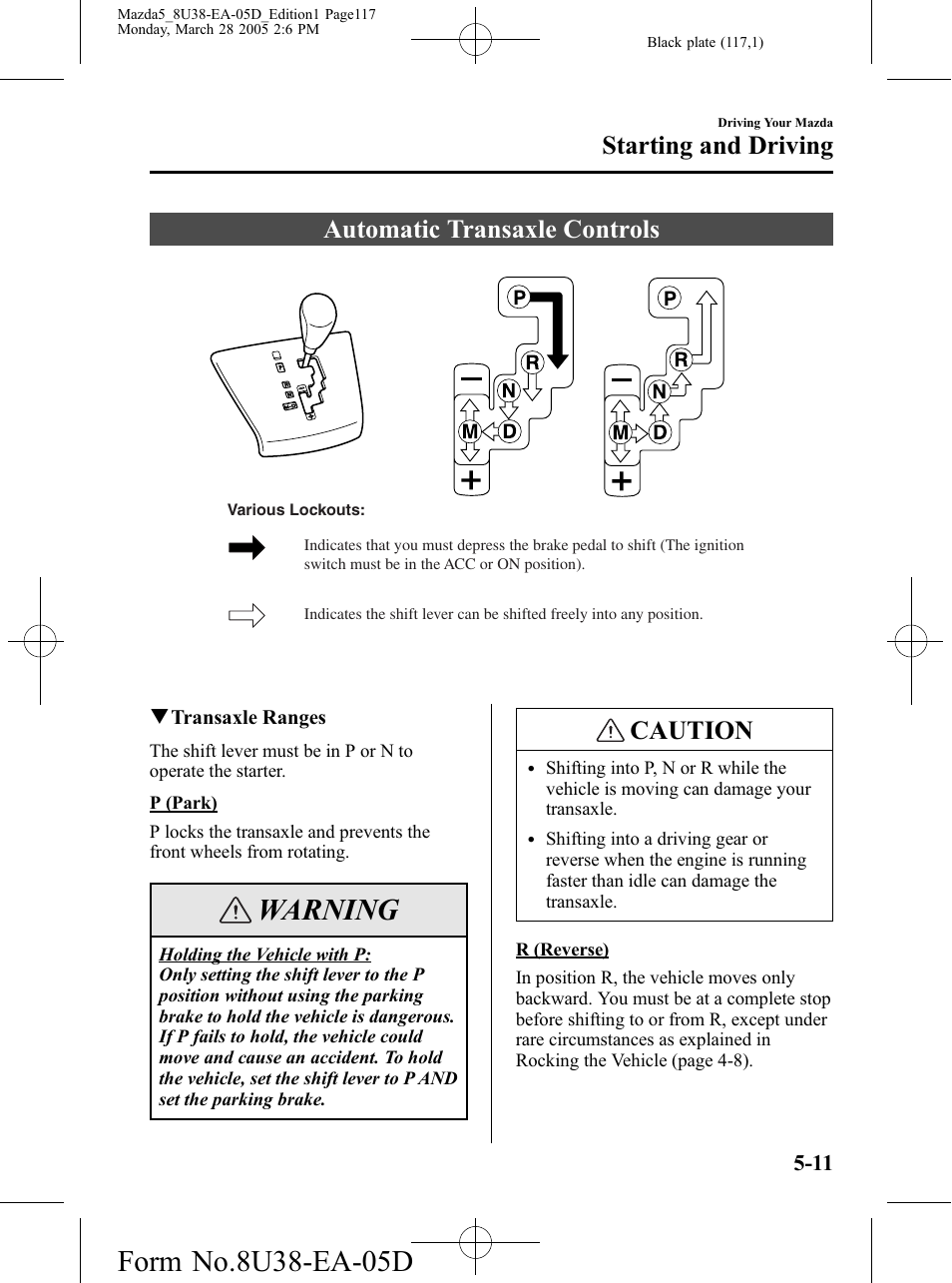 Automatic transaxle controls, Automatic transaxle controls -11, Warning | Caution, Starting and driving | Mazda 2006 5 User Manual | Page 117 / 388