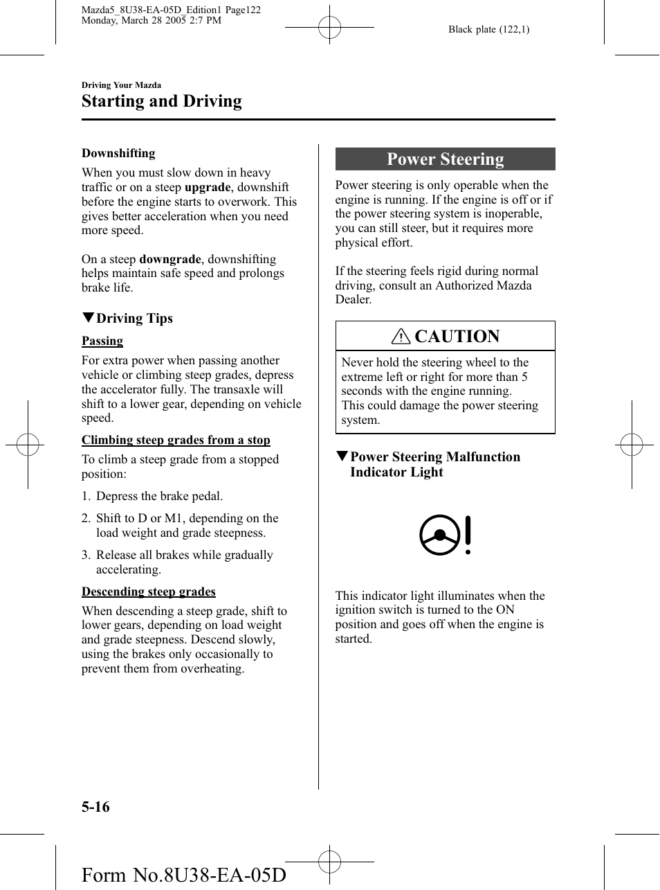 Power steering, Power steering -16, Caution | Starting and driving | Mazda 2006 5 User Manual | Page 122 / 388