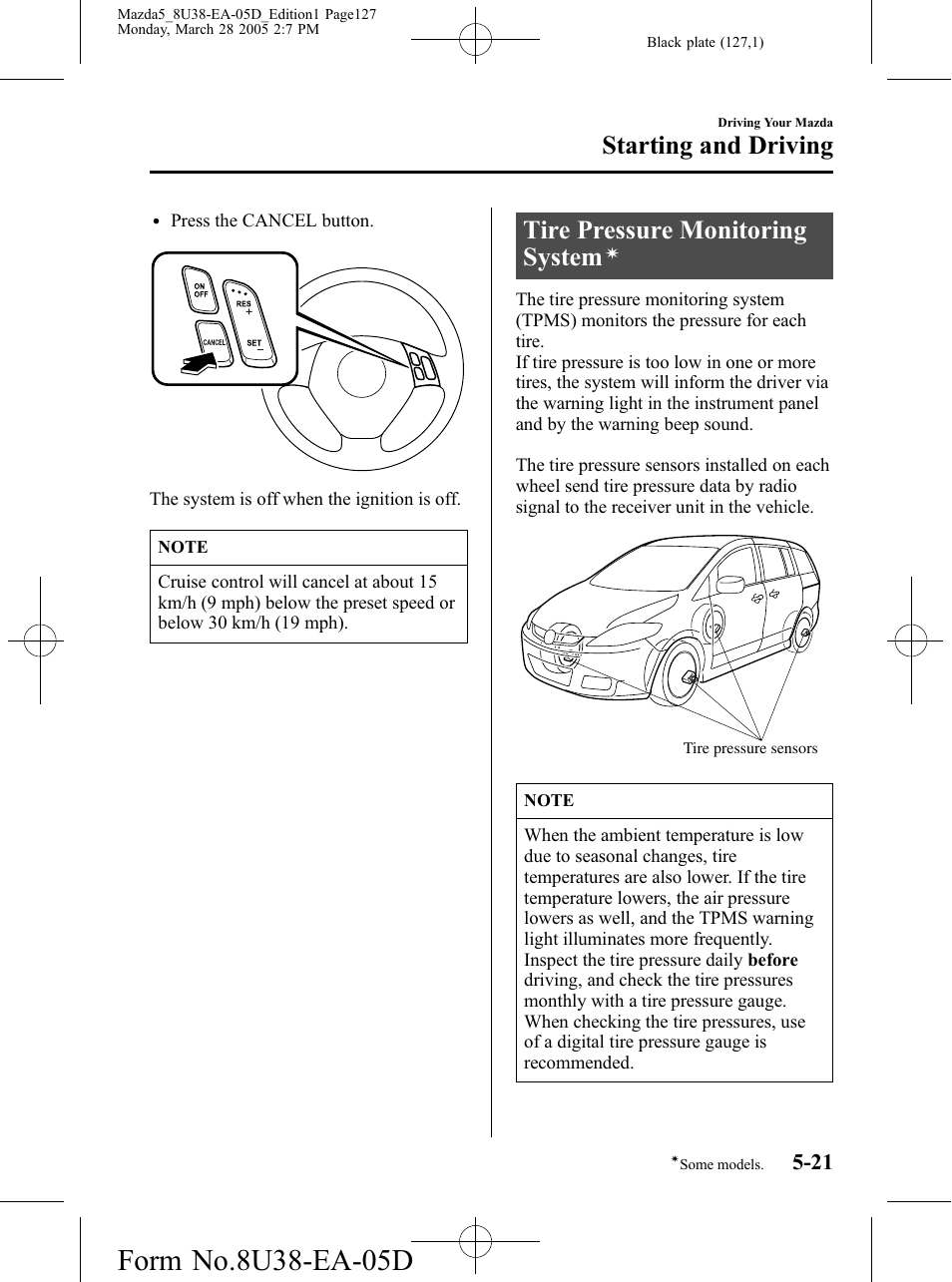Tire pressure monitoring system, Starting and driving | Mazda 2006 5 User Manual | Page 127 / 388