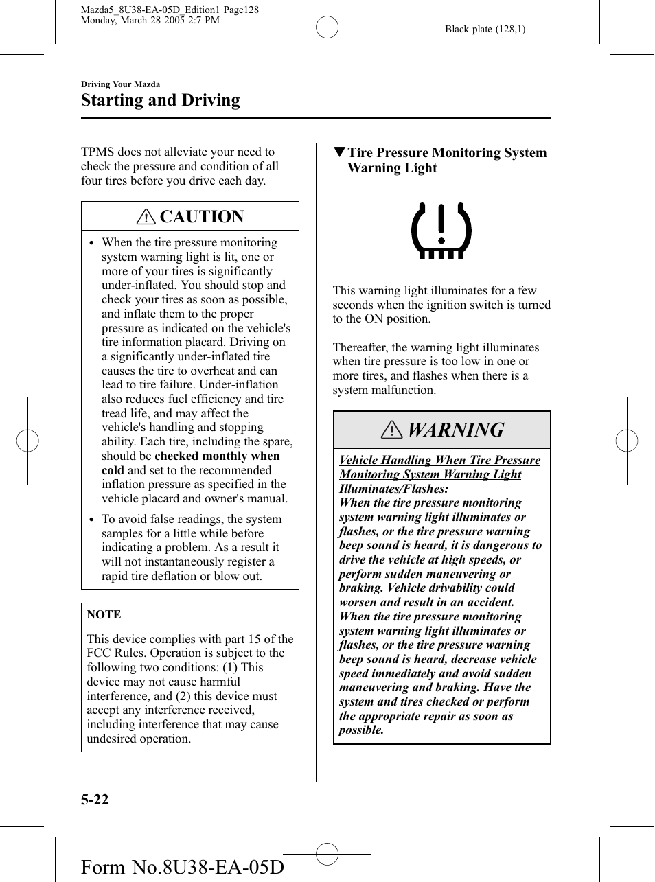 Warning, Caution, Starting and driving | Mazda 2006 5 User Manual | Page 128 / 388