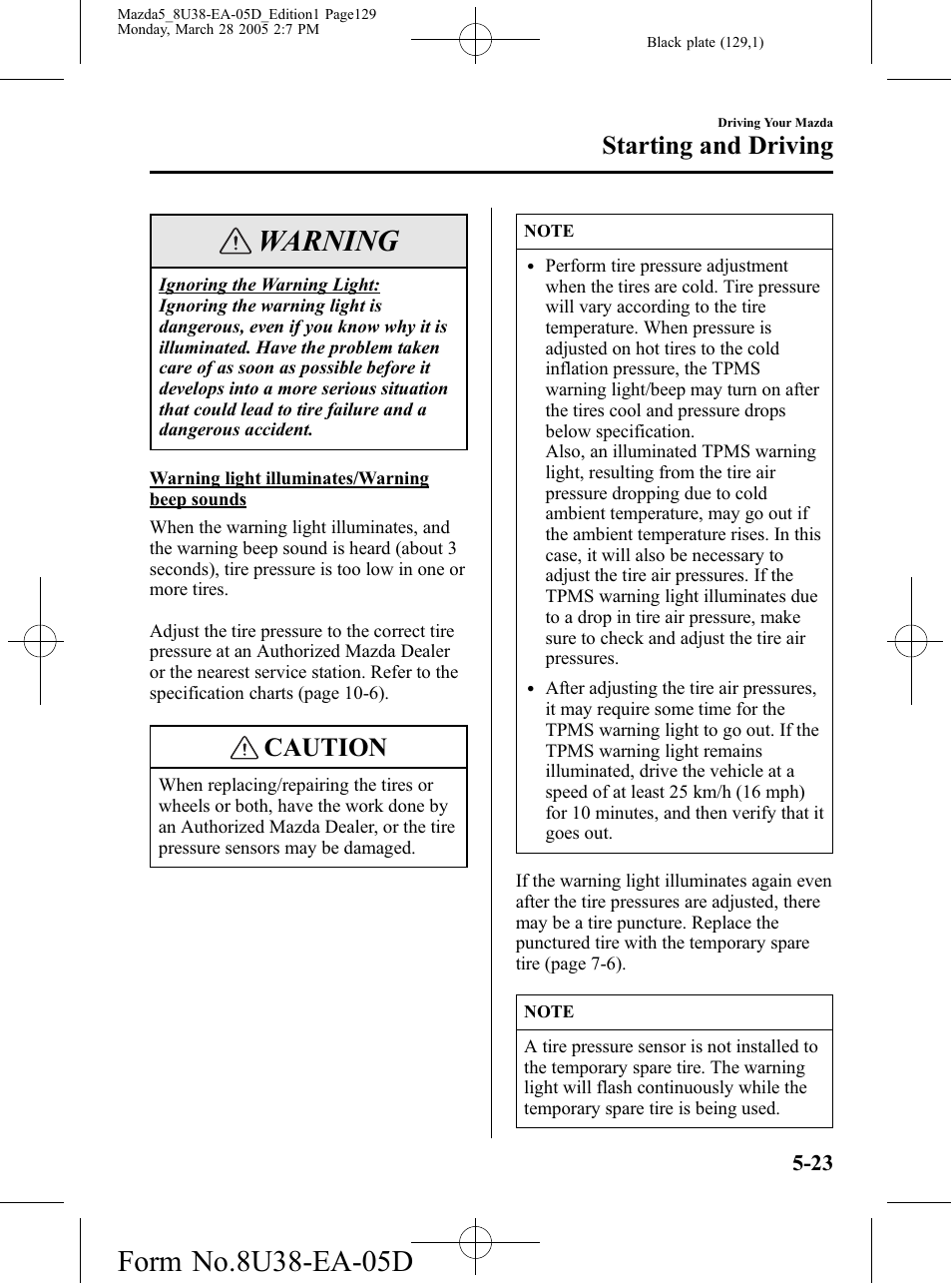 Warning, Caution, Starting and driving | Mazda 2006 5 User Manual | Page 129 / 388