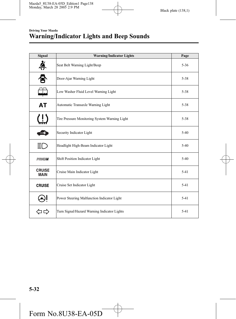 Warning/indicator lights and beep sounds | Mazda 2006 5 User Manual | Page 138 / 388