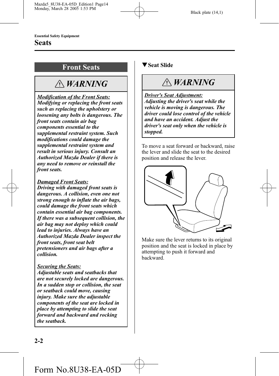 Seats, Front seats, Seats -2 | Front seats -2, Warning | Mazda 2006 5 User Manual | Page 14 / 388