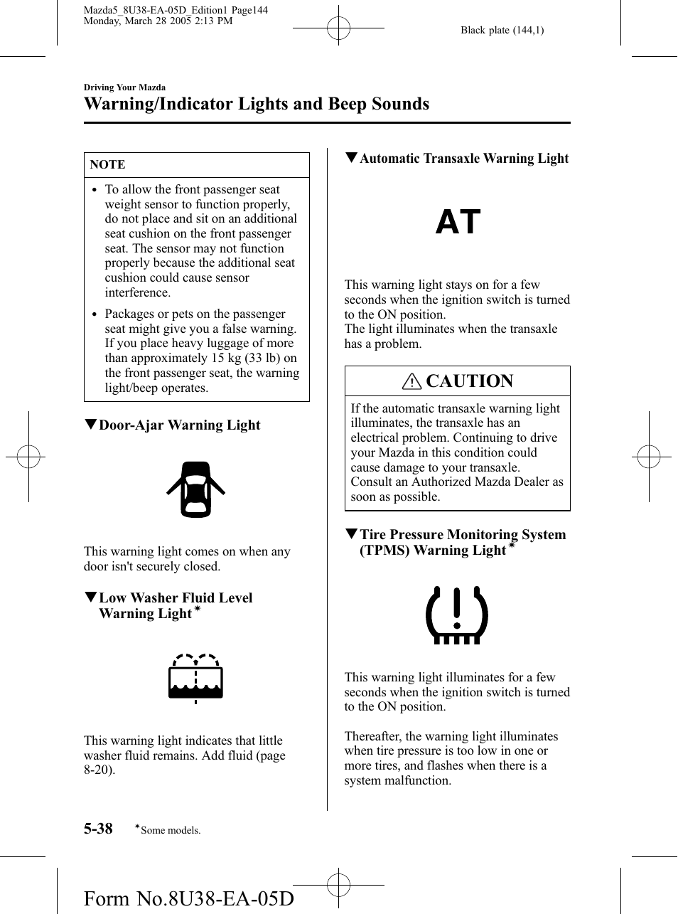 Caution, Warning/indicator lights and beep sounds | Mazda 2006 5 User Manual | Page 144 / 388