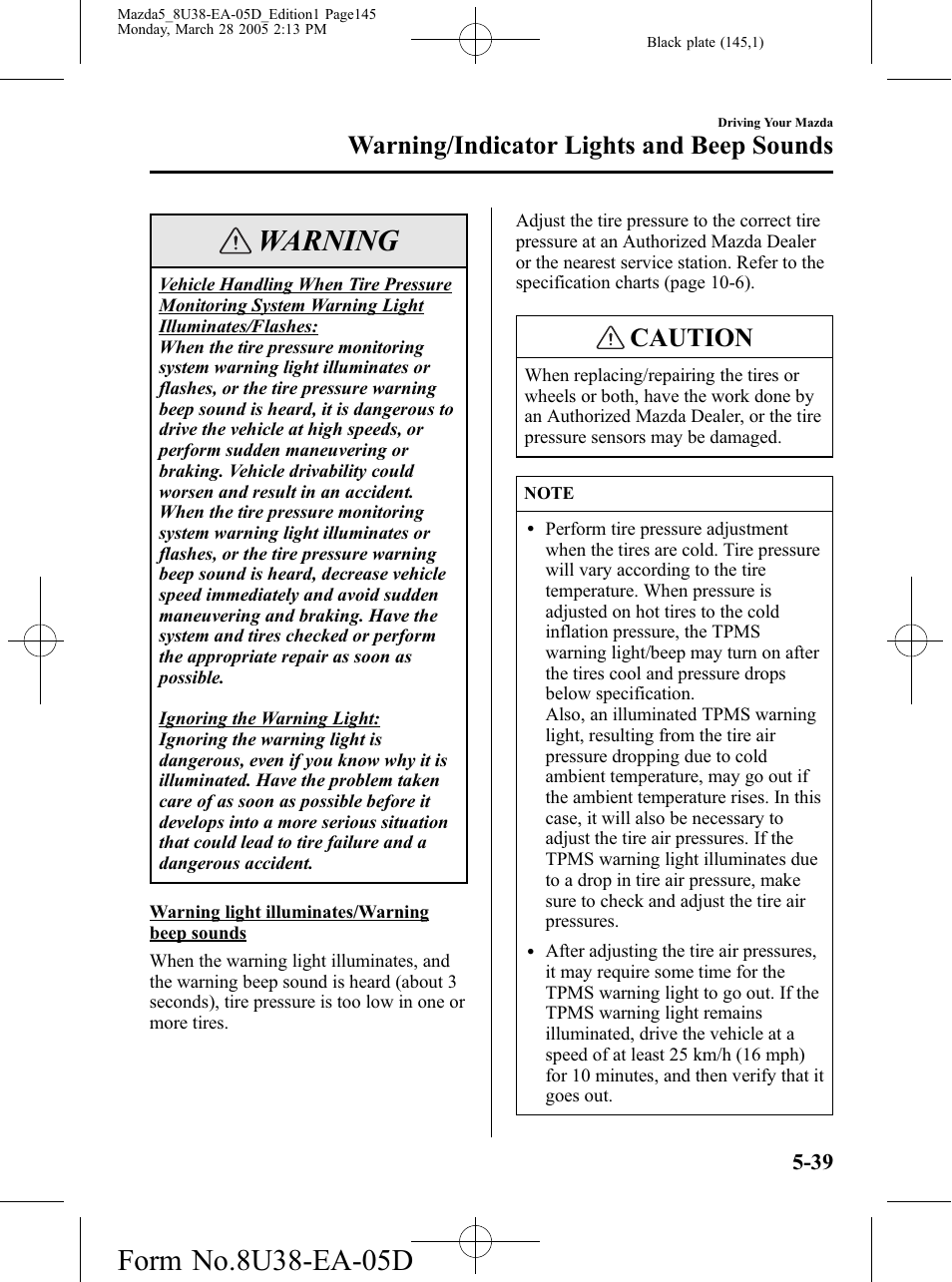 Warning, Caution, Warning/indicator lights and beep sounds | Mazda 2006 5 User Manual | Page 145 / 388