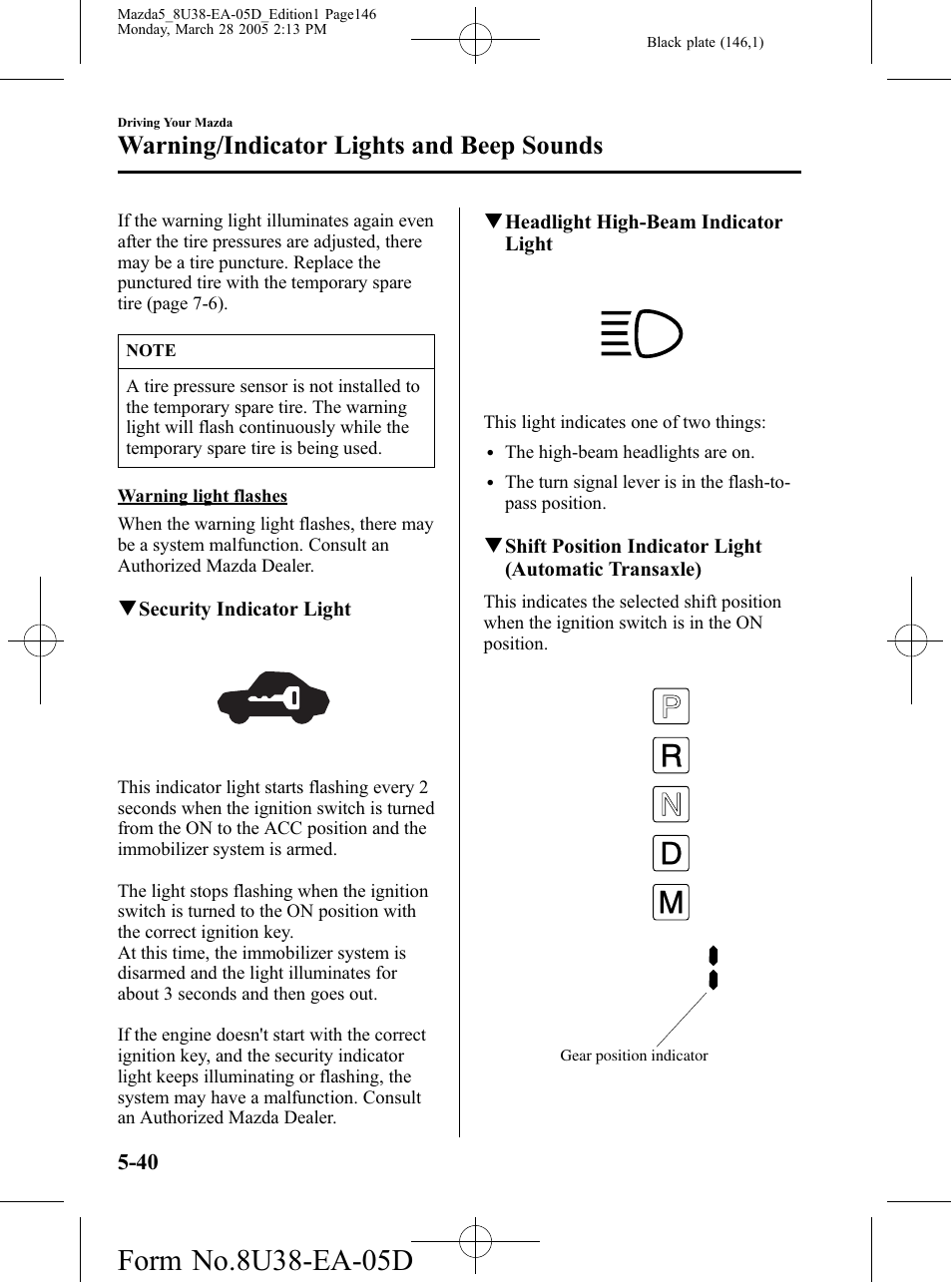 Warning/indicator lights and beep sounds | Mazda 2006 5 User Manual | Page 146 / 388