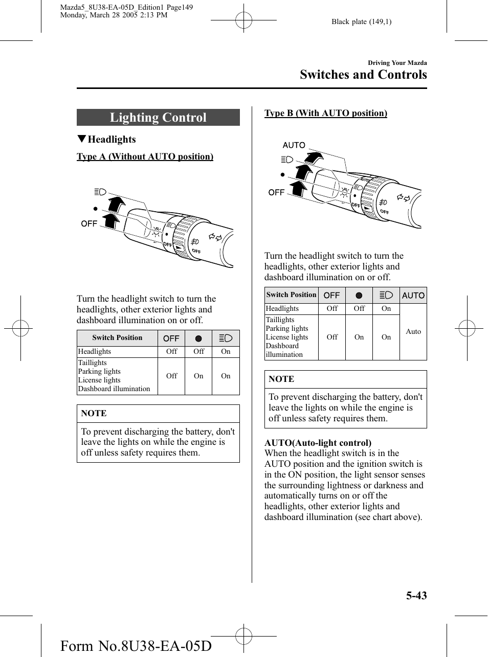 Switches and controls, Lighting control, Switches and controls -43 | Lighting control -43 | Mazda 2006 5 User Manual | Page 149 / 388