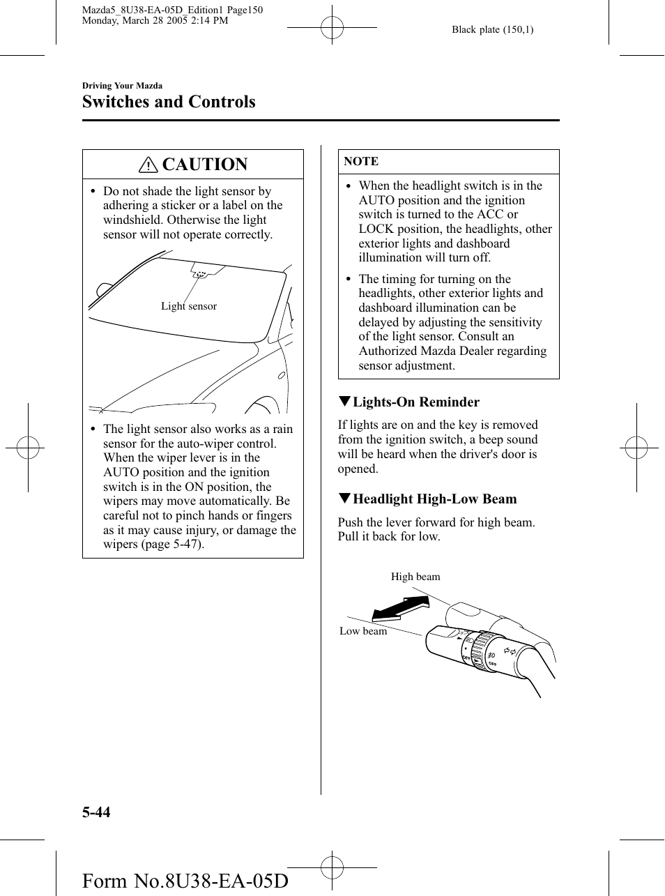 Caution, Switches and controls | Mazda 2006 5 User Manual | Page 150 / 388