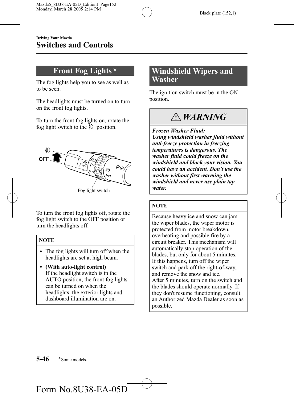 Front fog lights, Windshield wipers and washer, Windshield wipers and washer -46 | Warning, Switches and controls | Mazda 2006 5 User Manual | Page 152 / 388