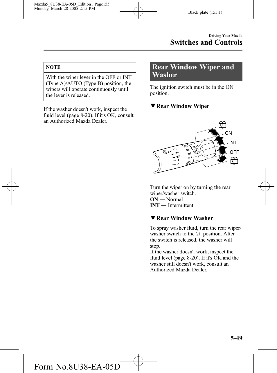 Rear window wiper and washer, Rear window wiper and washer -49, Switches and controls | Mazda 2006 5 User Manual | Page 155 / 388