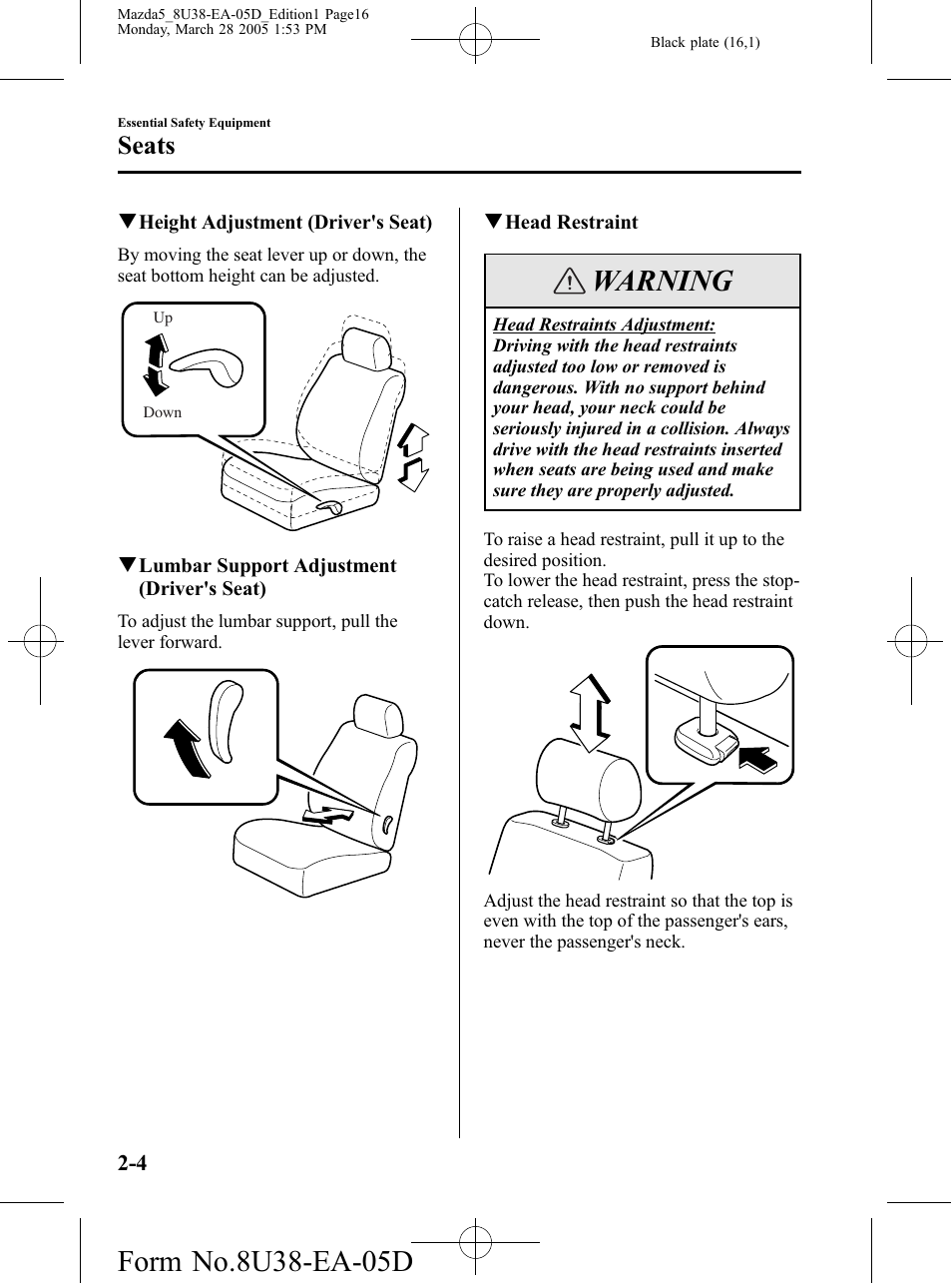 Warning, Seats | Mazda 2006 5 User Manual | Page 16 / 388