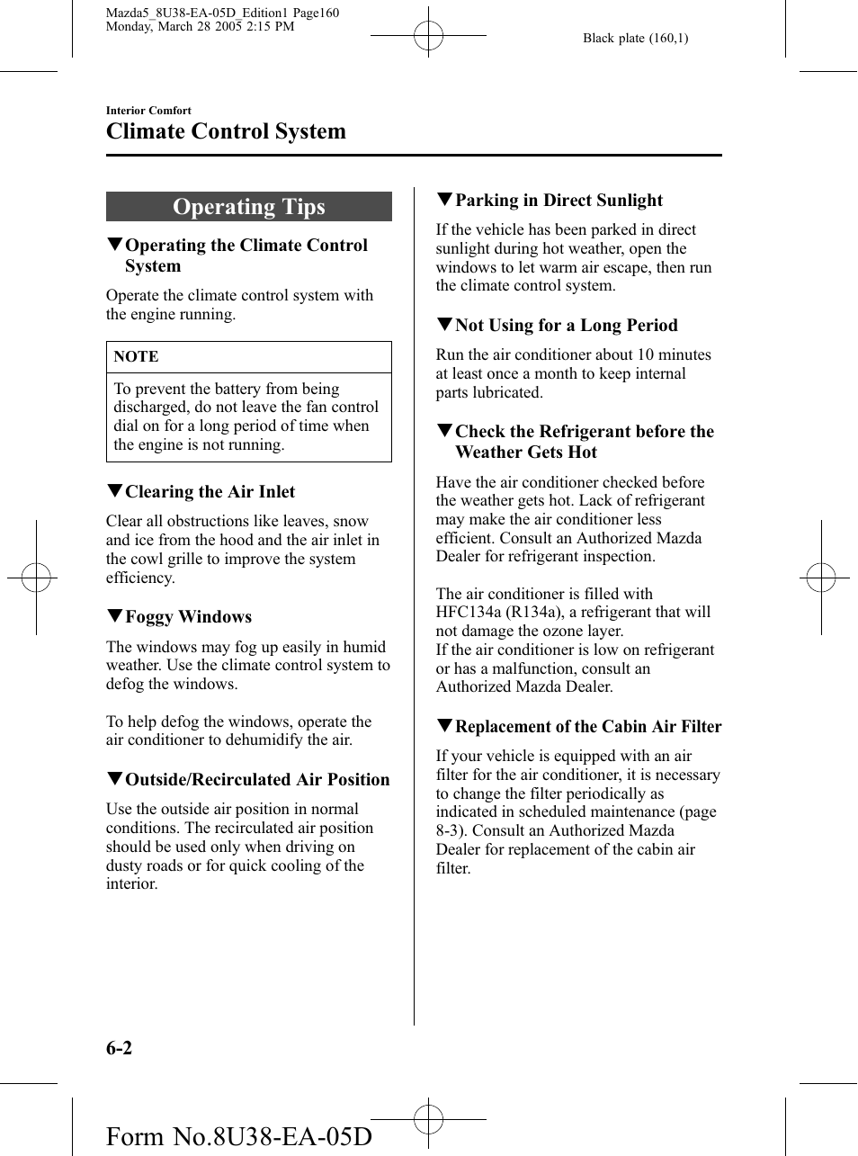 Climate control system, Operating tips, Climate control system -2 | Operating tips -2 | Mazda 2006 5 User Manual | Page 160 / 388