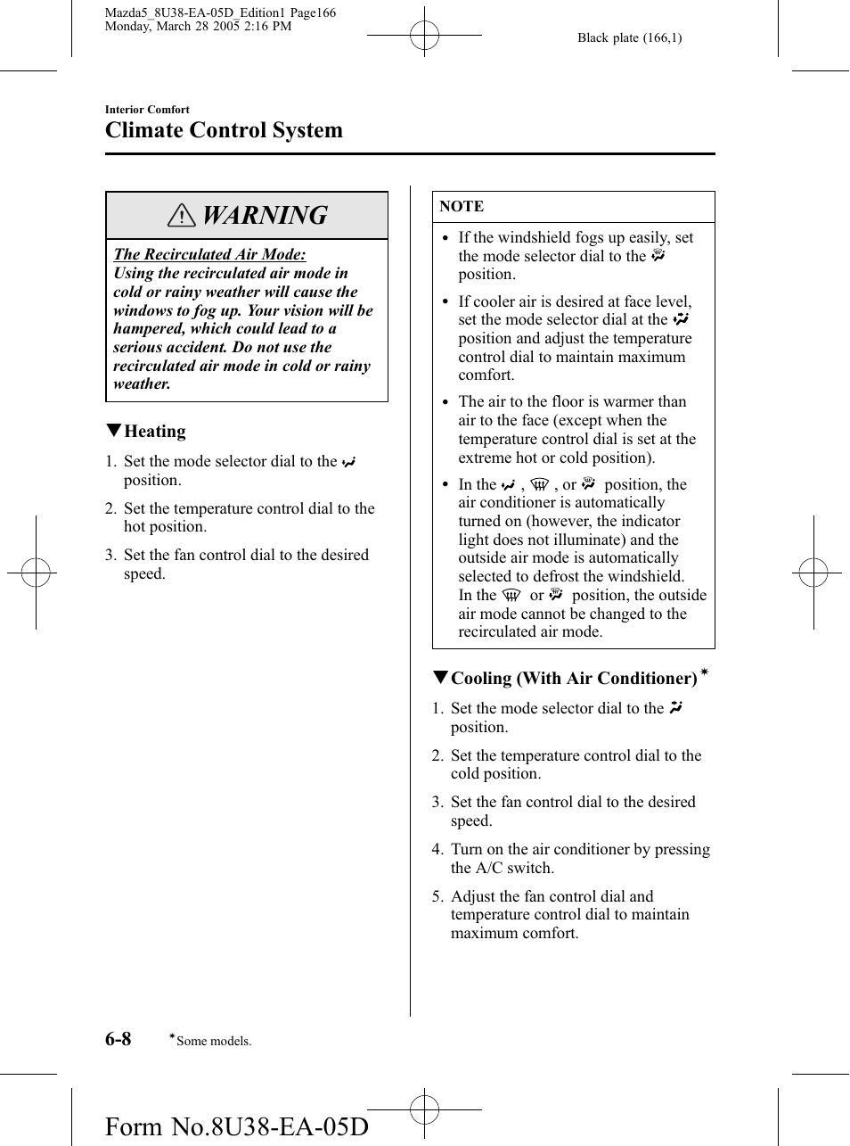 Warning, Climate control system | Mazda 2006 5 User Manual | Page 166 / 388