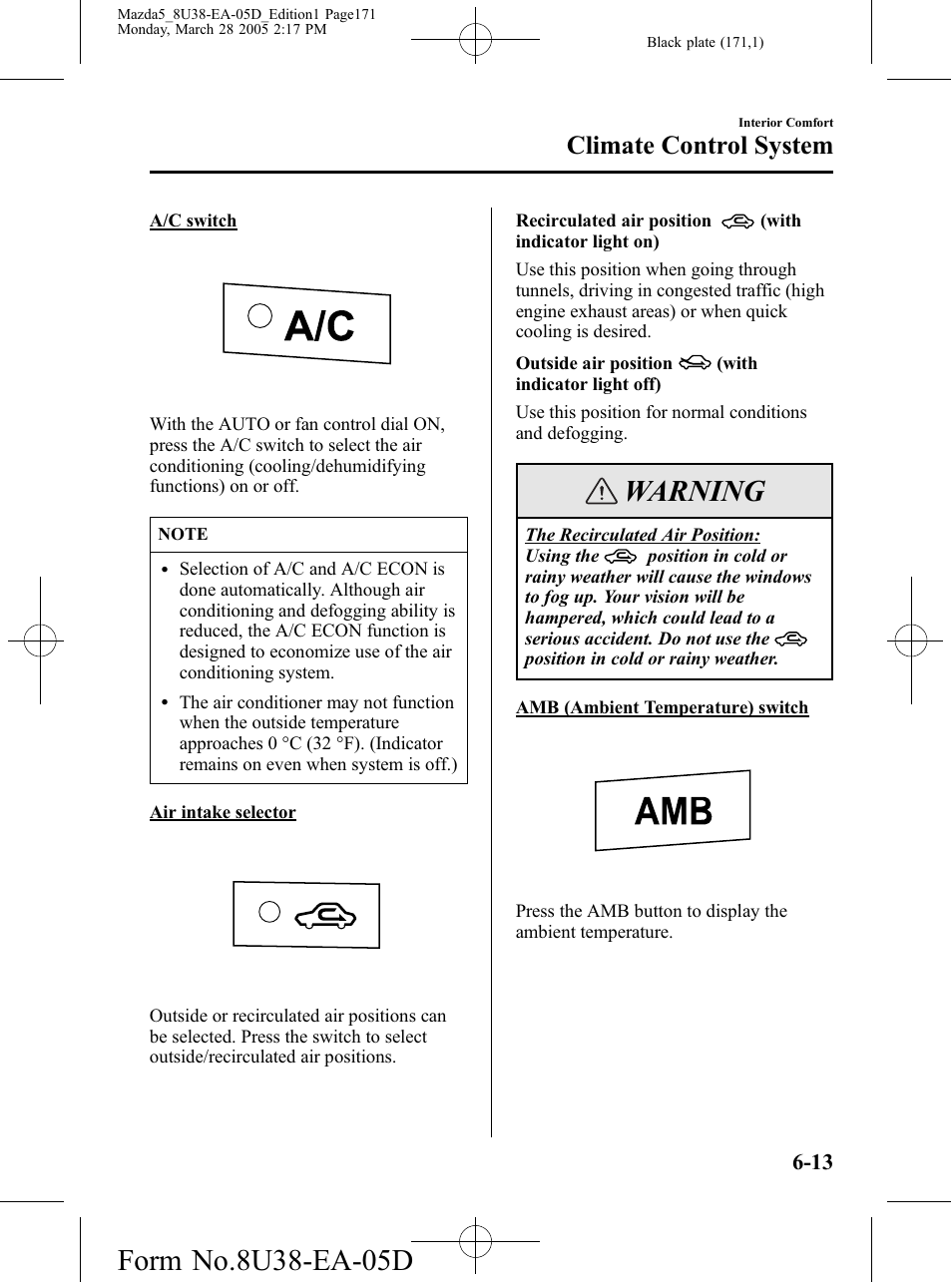 Warning, Climate control system | Mazda 2006 5 User Manual | Page 171 / 388