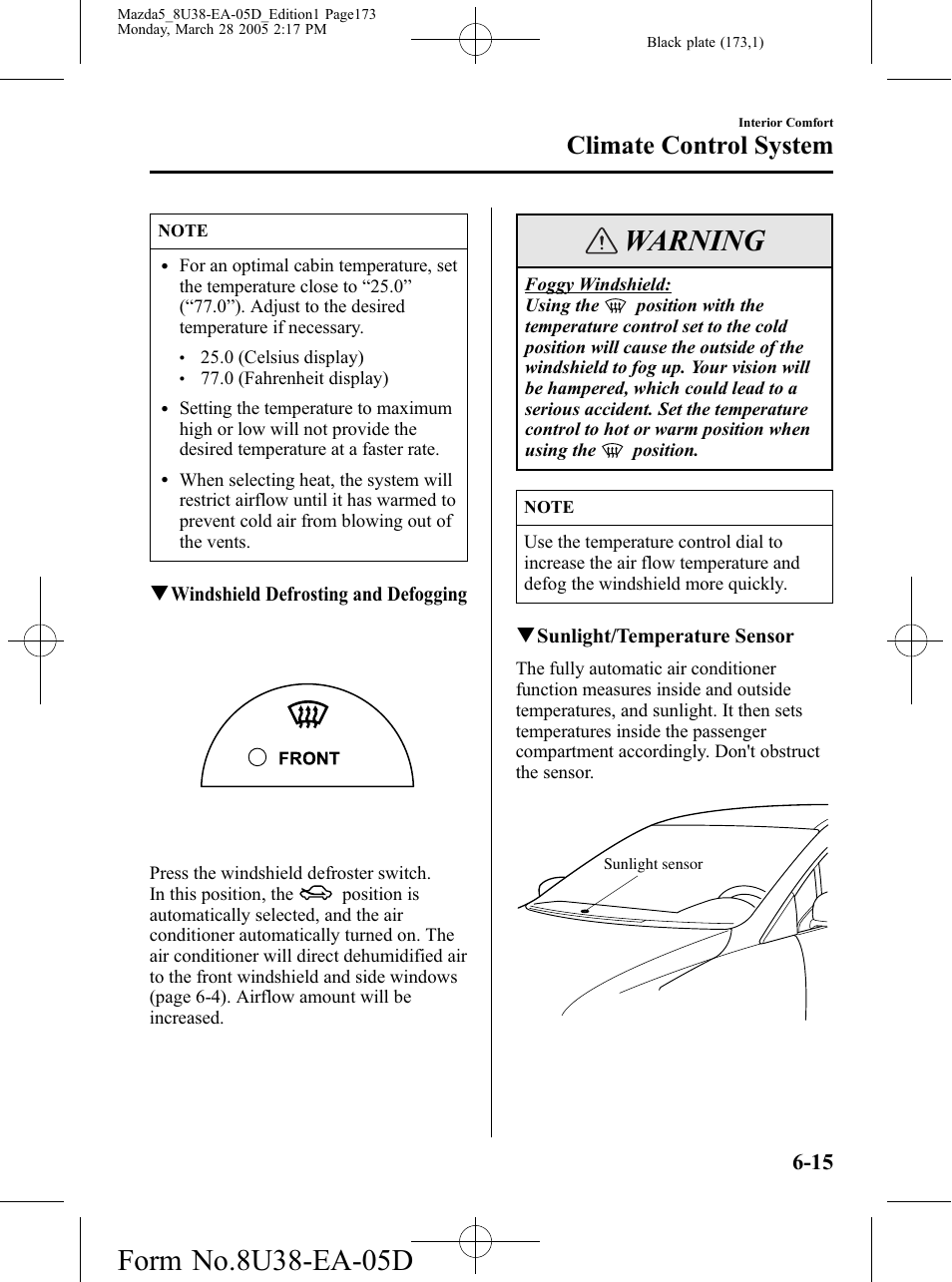 Warning, Climate control system | Mazda 2006 5 User Manual | Page 173 / 388