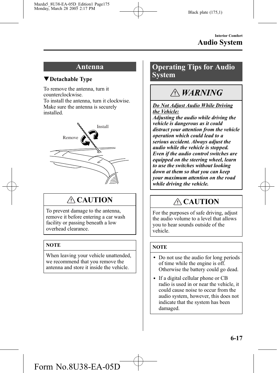 Audio system, Antenna, Operating tips for audio system | Audio system -17, Antenna -17 operating tips for audio system -17, Warning, Caution | Mazda 2006 5 User Manual | Page 175 / 388