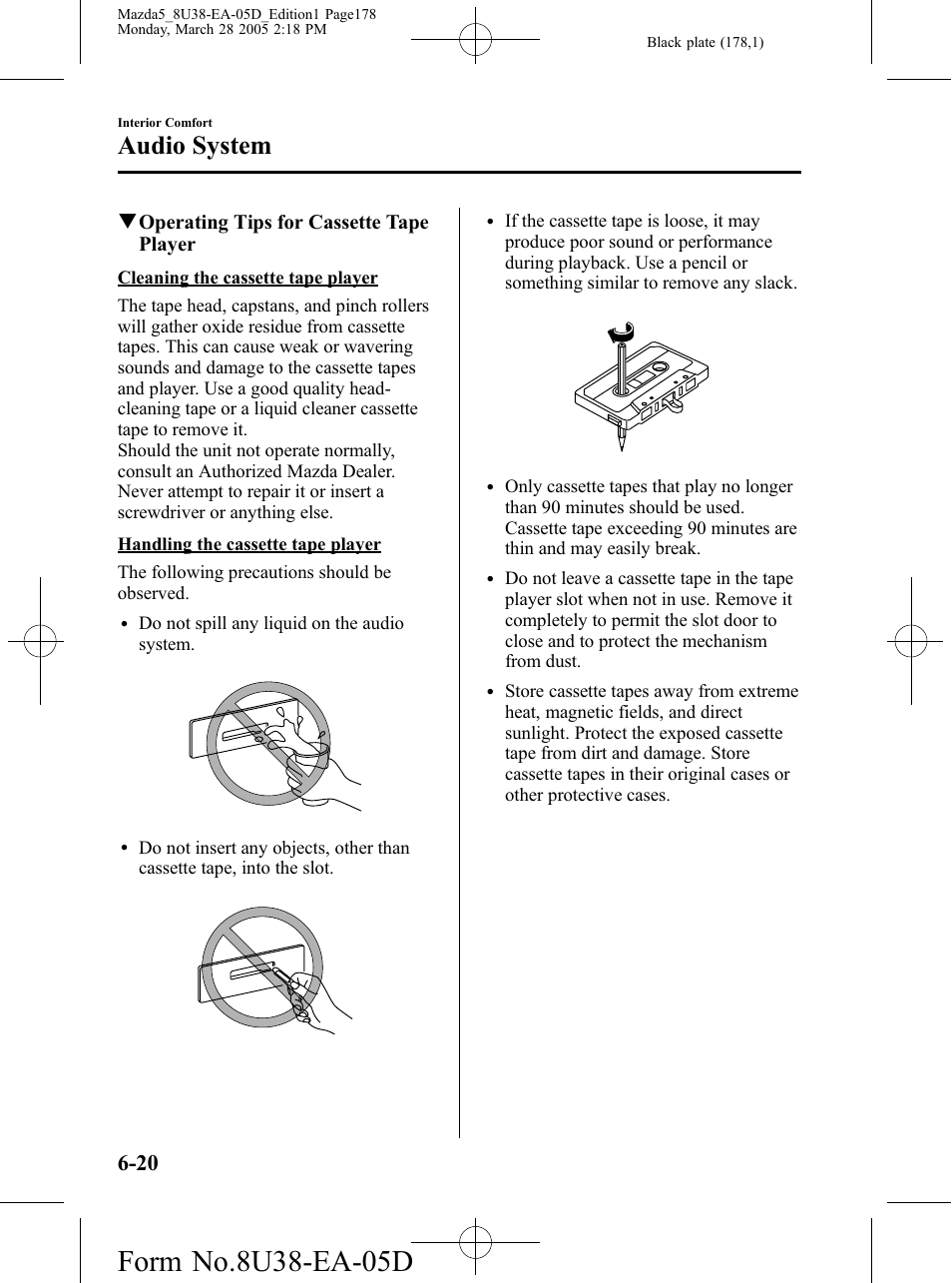 Audio system, Qoperating tips for cassette tape player | Mazda 2006 5 User Manual | Page 178 / 388