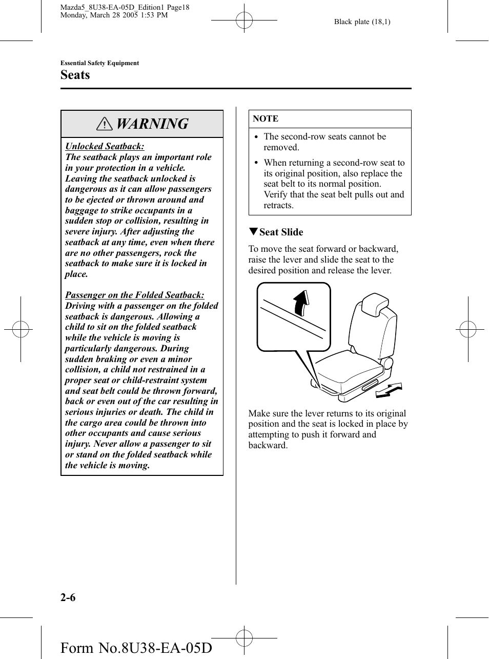 Warning, Seats | Mazda 2006 5 User Manual | Page 18 / 388