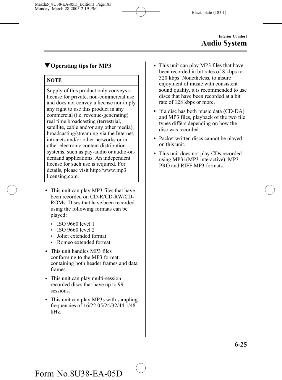 Audio system, Qoperating tips for mp3 | Mazda 2006 5 User Manual | Page 183 / 388