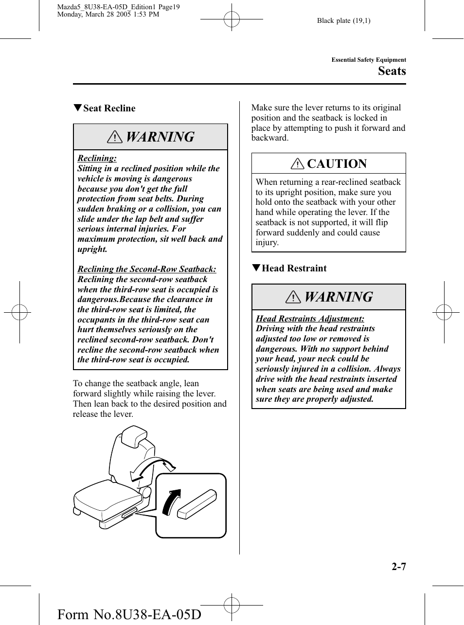 Warning, Caution, Seats | Mazda 2006 5 User Manual | Page 19 / 388