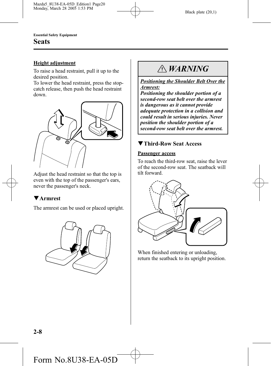 Warning, Seats | Mazda 2006 5 User Manual | Page 20 / 388