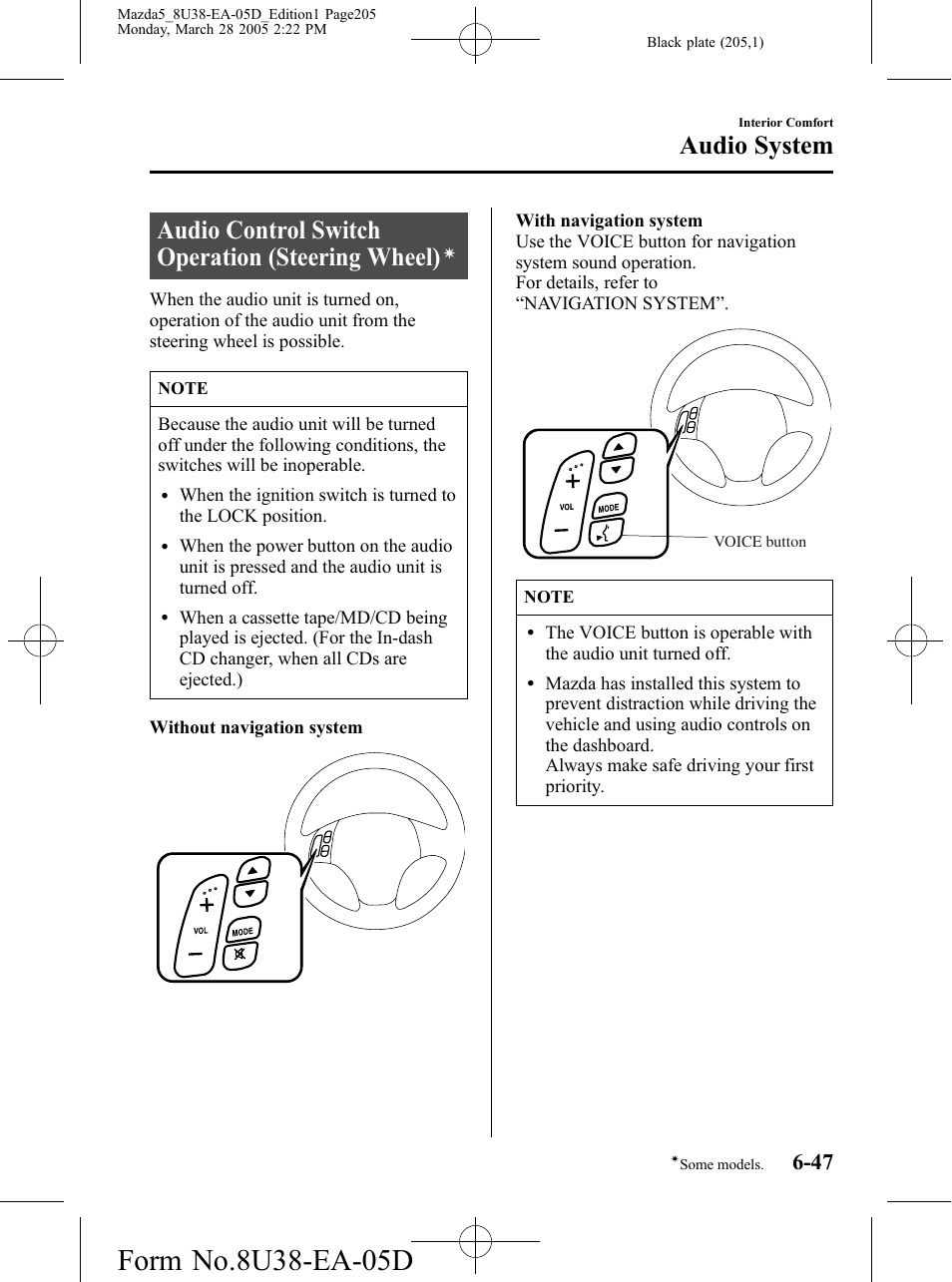 Audio control switch operation (steering wheel), Audio system | Mazda 2006 5 User Manual | Page 205 / 388