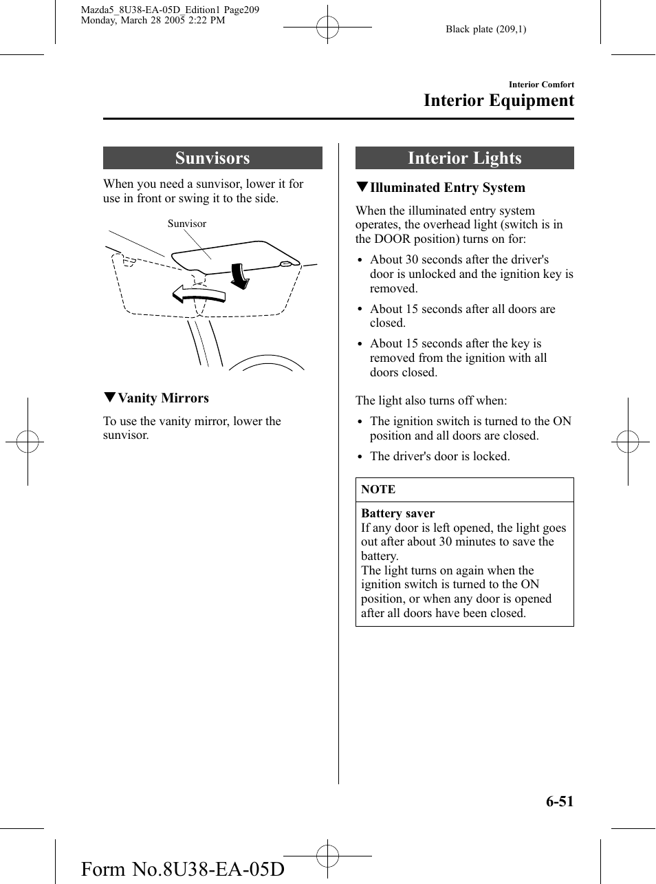Interior equipment, Sunvisors, Interior lights | Interior equipment -51, Sunvisors -51 interior lights -51 | Mazda 2006 5 User Manual | Page 209 / 388