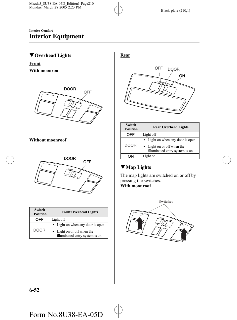 Interior equipment, Qoverhead lights, Qmap lights | Mazda 2006 5 User Manual | Page 210 / 388