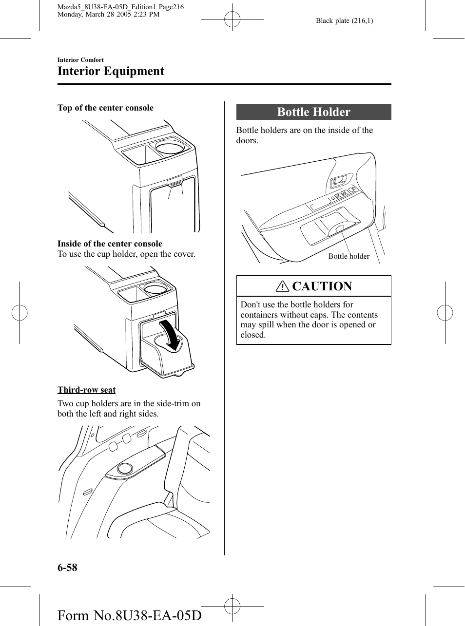 Bottle holder, Bottle holder -58, Caution | Interior equipment | Mazda 2006 5 User Manual | Page 216 / 388