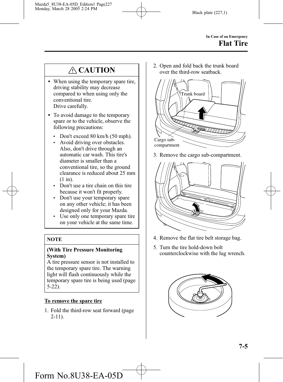 Caution, Flat tire | Mazda 2006 5 User Manual | Page 227 / 388