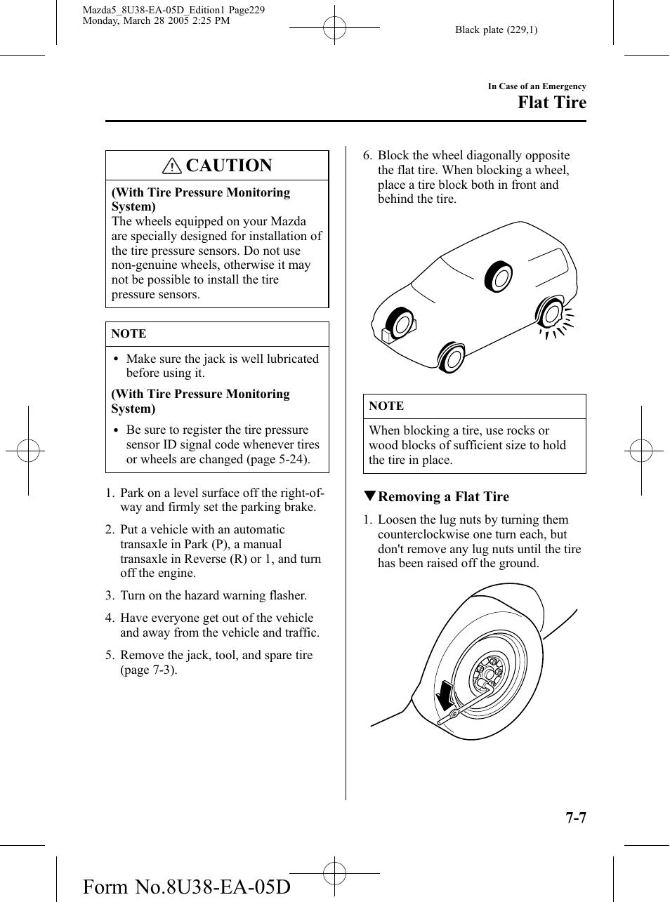 Caution, Flat tire | Mazda 2006 5 User Manual | Page 229 / 388