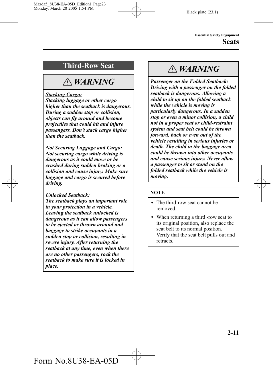 Third-row seat, Third-row seat -11, Warning | Seats | Mazda 2006 5 User Manual | Page 23 / 388