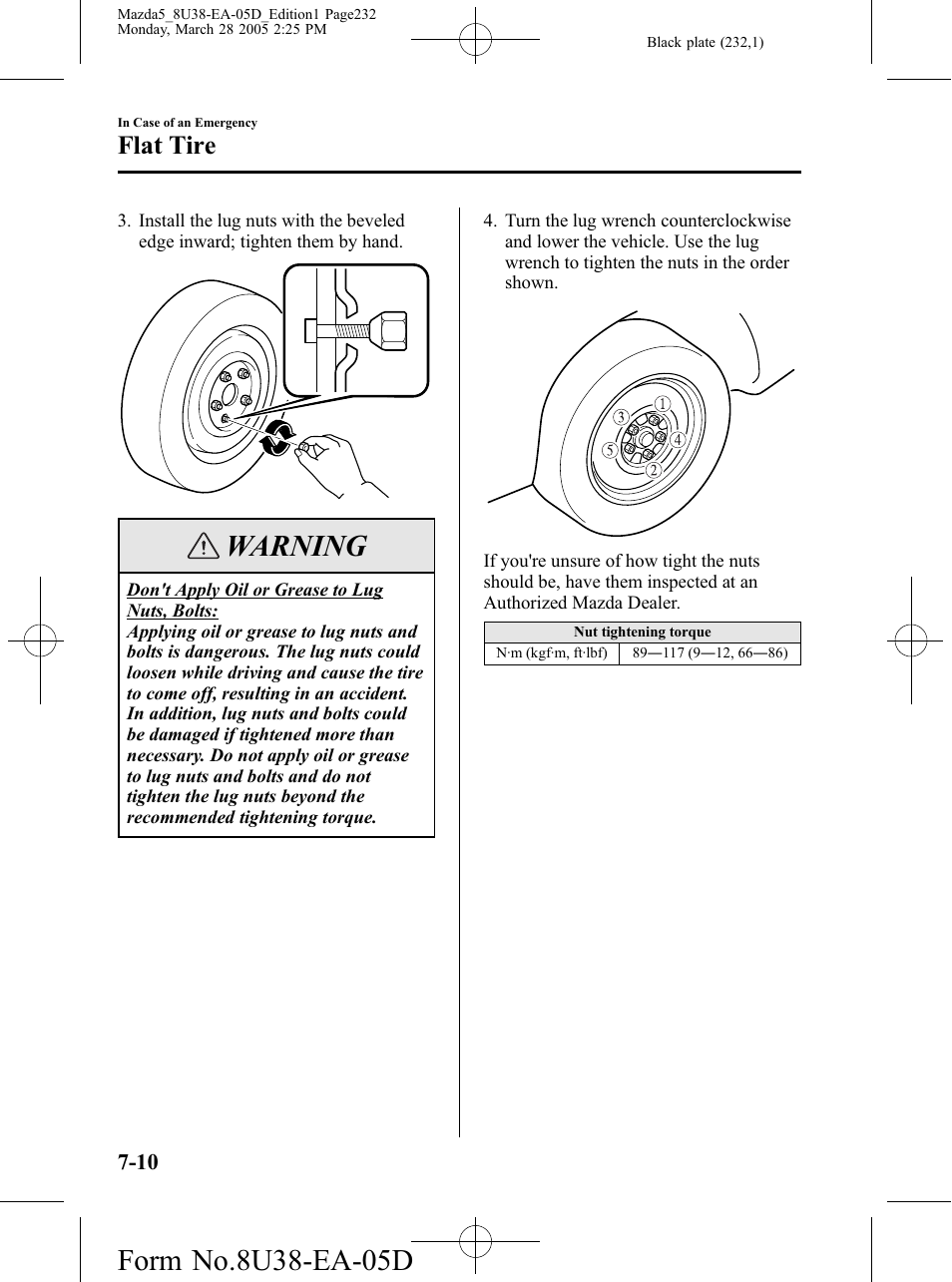 Warning, Flat tire | Mazda 2006 5 User Manual | Page 232 / 388