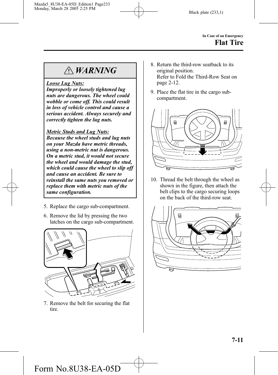 Warning, Flat tire | Mazda 2006 5 User Manual | Page 233 / 388