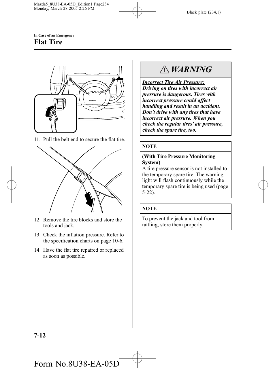 Warning, Flat tire | Mazda 2006 5 User Manual | Page 234 / 388