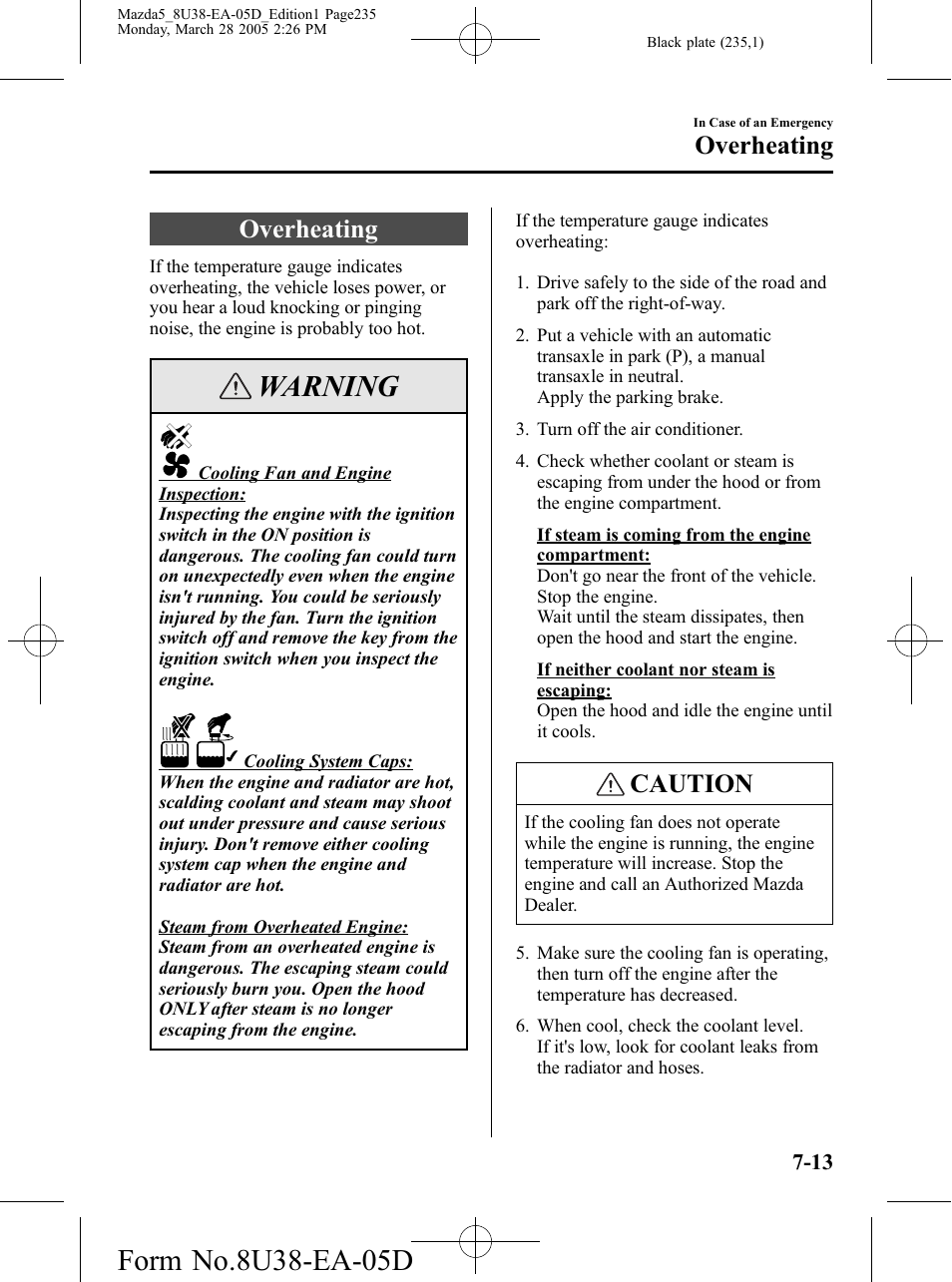 Overheating, Overheating -13, Warning | Caution | Mazda 2006 5 User Manual | Page 235 / 388