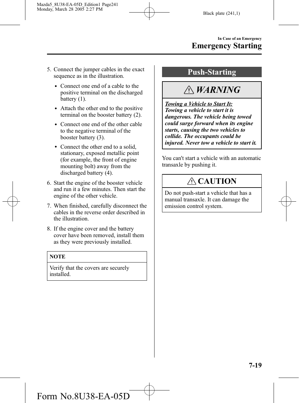 Push-starting, Push-starting -19, Warning | Caution, Emergency starting | Mazda 2006 5 User Manual | Page 241 / 388