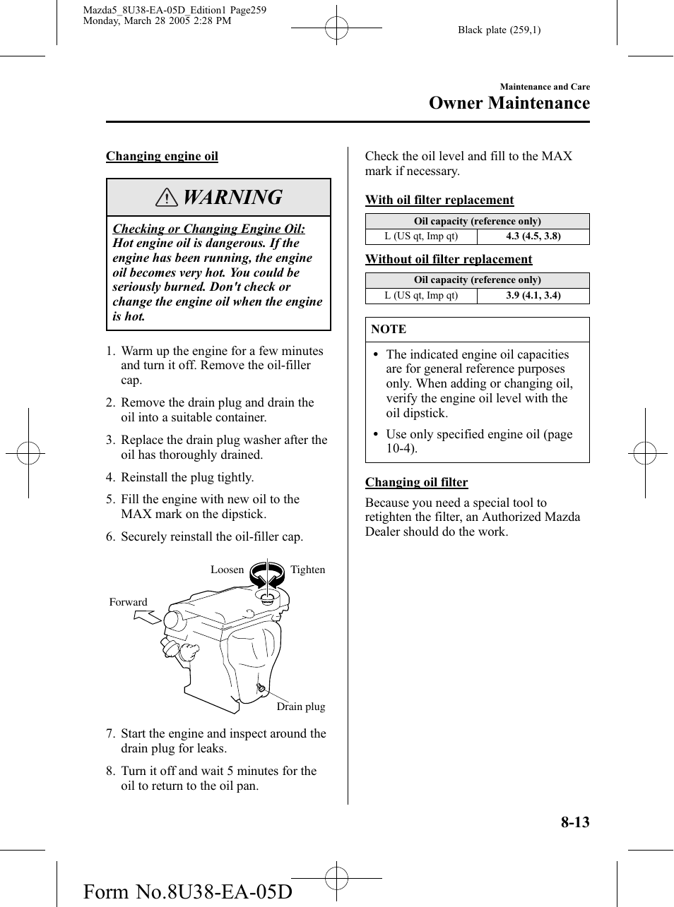 Warning, Owner maintenance | Mazda 2006 5 User Manual | Page 259 / 388