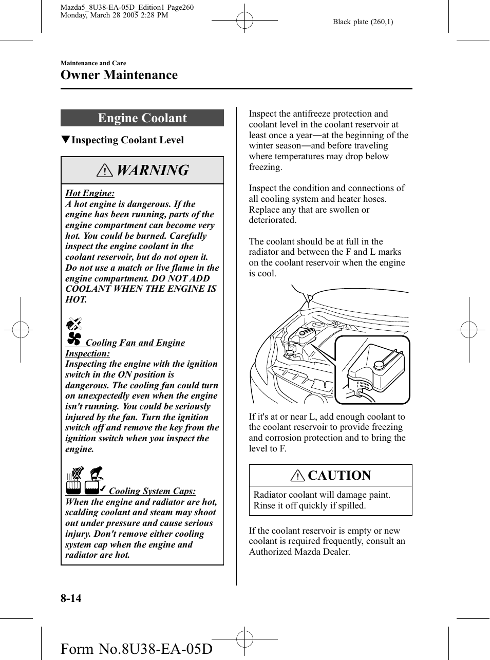 Engine coolant, Engine coolant -14, Warning | Caution, Owner maintenance | Mazda 2006 5 User Manual | Page 260 / 388