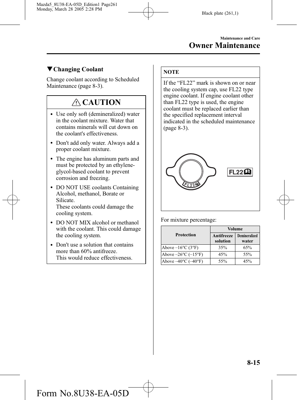 Caution, Owner maintenance, Qchanging coolant | Mazda 2006 5 User Manual | Page 261 / 388