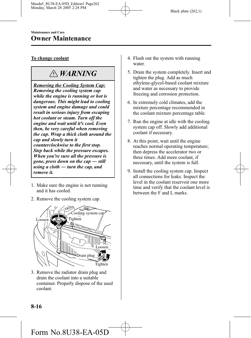 Warning, Owner maintenance | Mazda 2006 5 User Manual | Page 262 / 388