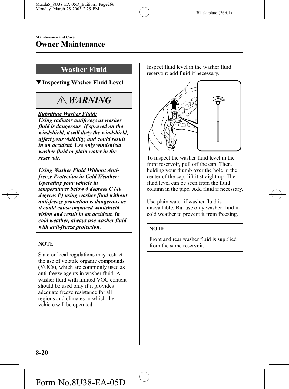 Washer fluid, Washer fluid -20, Warning | Owner maintenance | Mazda 2006 5 User Manual | Page 266 / 388