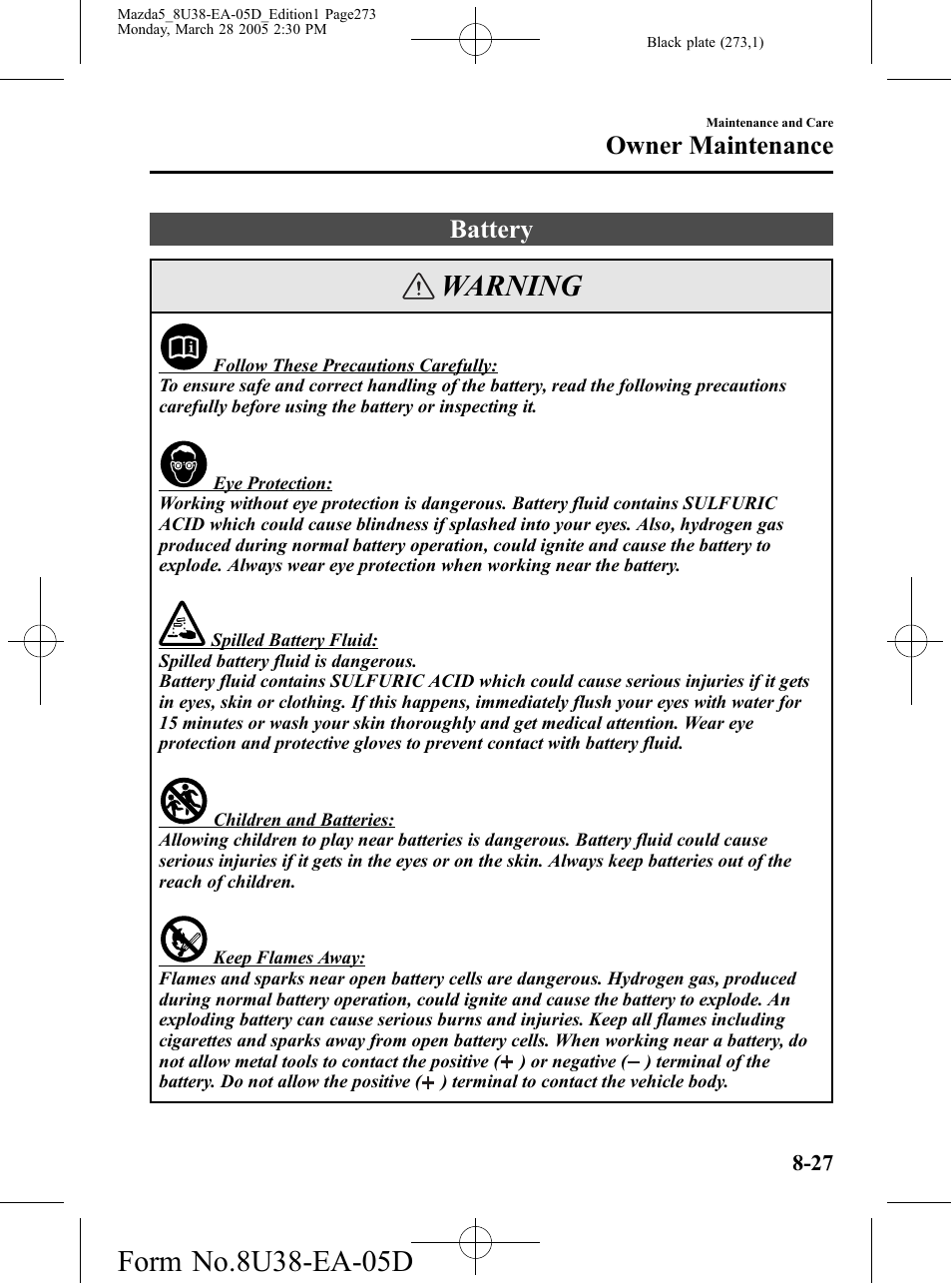 Battery, Battery -27, Warning | Owner maintenance | Mazda 2006 5 User Manual | Page 273 / 388