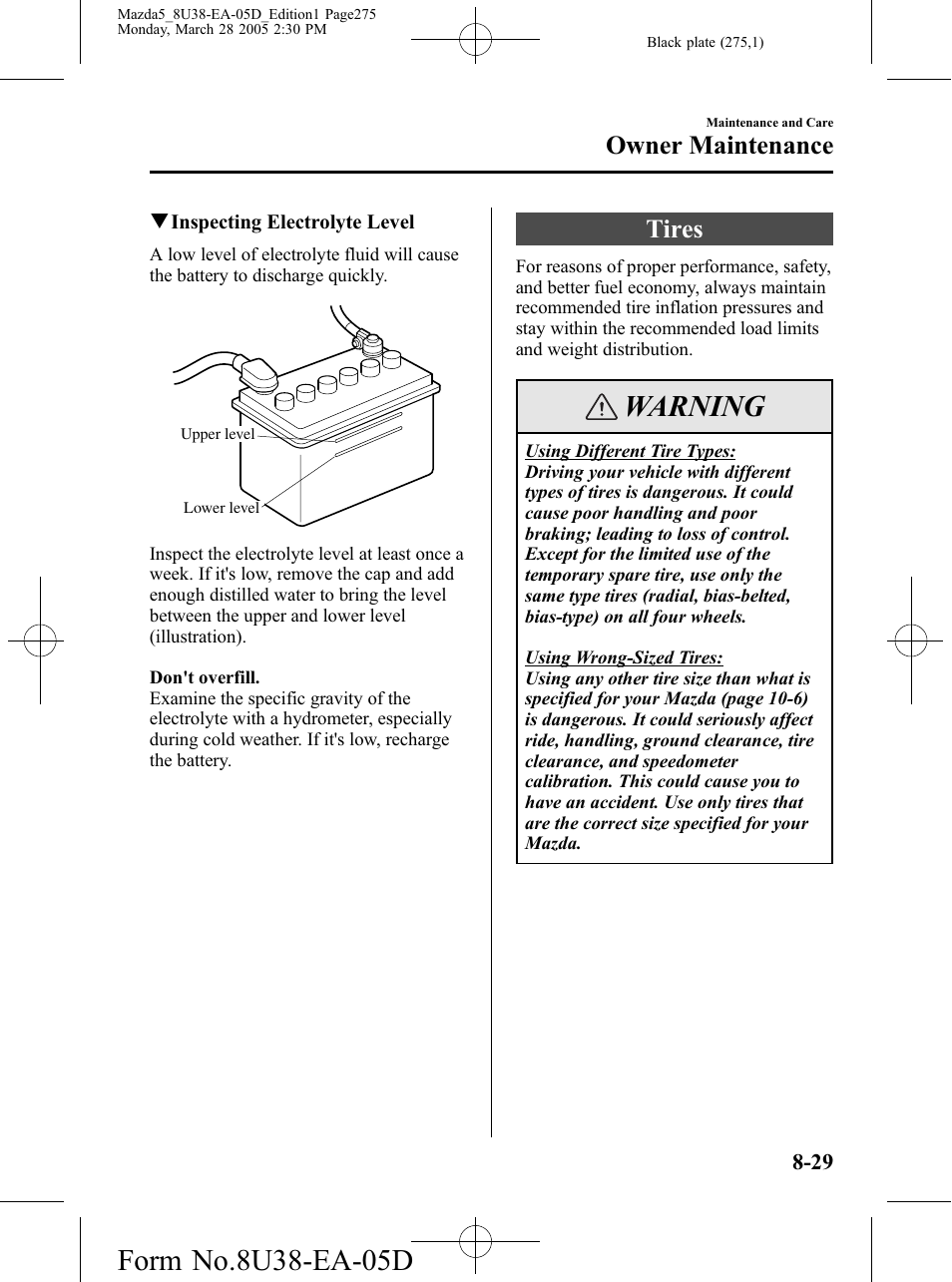 Tires, Tires -29, Warning | Owner maintenance | Mazda 2006 5 User Manual | Page 275 / 388