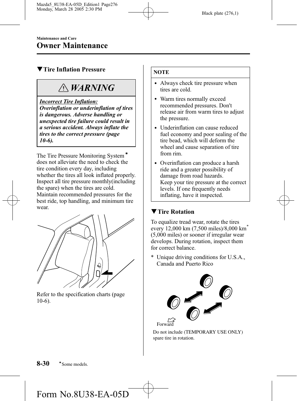 Warning, Owner maintenance | Mazda 2006 5 User Manual | Page 276 / 388